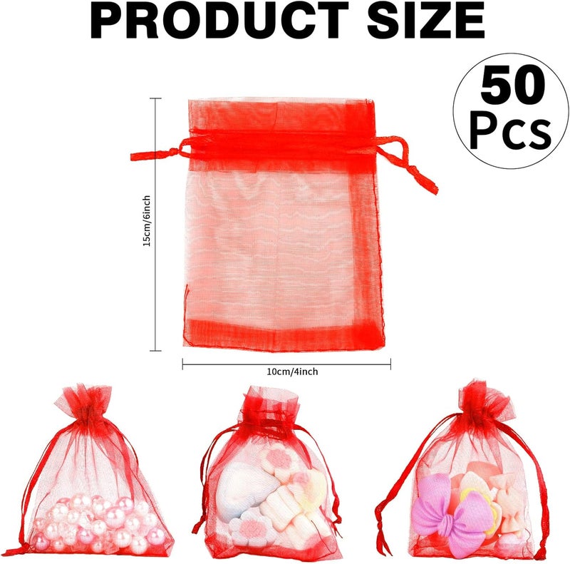 BOEIAC Red Organza Bags - 50 Pcs, Sheer 4 x 6 Inch, Jewelry & Party Favor Bags with Drawstring, Mesh Gift Pouches for Wedding & Valentine's Day - Image 2